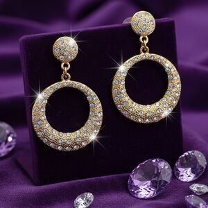 Aldo Vintage Style Rhinestone Drop Hoop Statement Gold Earrings